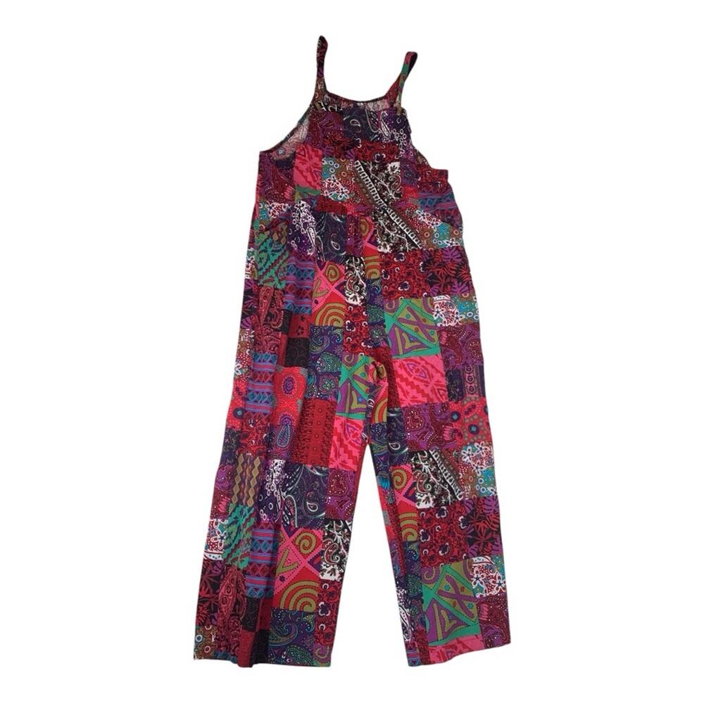Multicolor Patchwork cropped overalls size XL paisley art funky hippie
